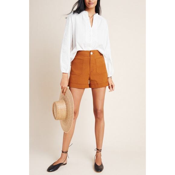 Anthropologie Colette Linen Patch Pocket Shorts Size 26 High Rise Rust - Picture 2 of 11